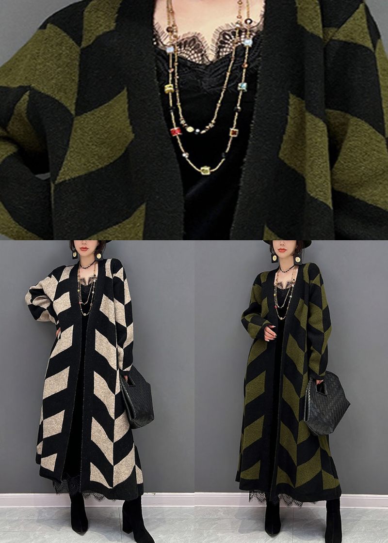 Fransk Grøn Oversized Stribet Tyk Strikket Lang Cardigan Vinter - Grøn