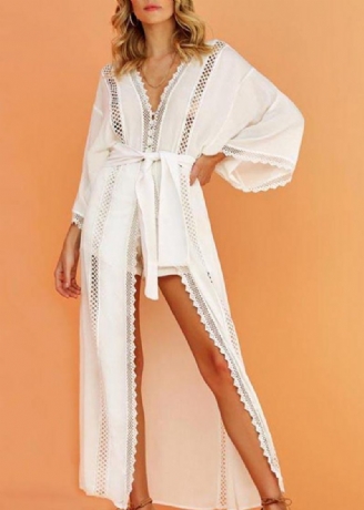 Fransk Hvid Patchwork Kimono-kjole Med Bindebånd I Taljen Maxi Chiffon-kjole