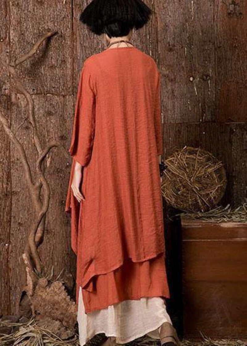 Fransk Orange Hør Tunika Top Armbånd Ærmet Løs Sommer Cardigan - Orange