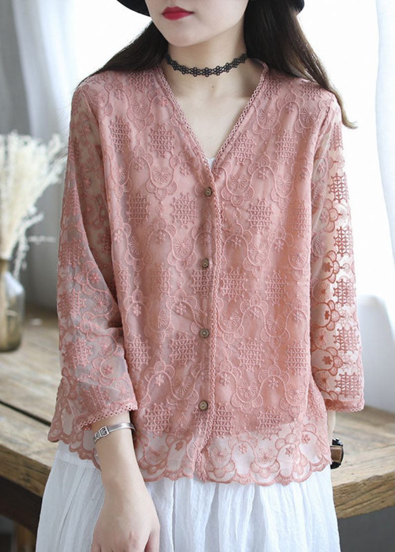 Fransk Pink Broderet Loose Cardigans Langærmet Bomuld