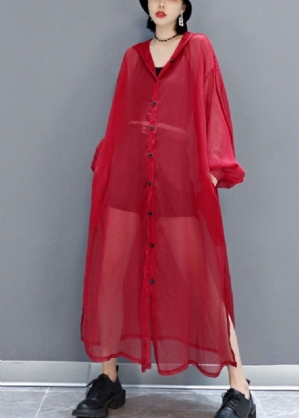 Fransk Rød Hætte Udhulet Chiffon Lange Cardigans Sommer