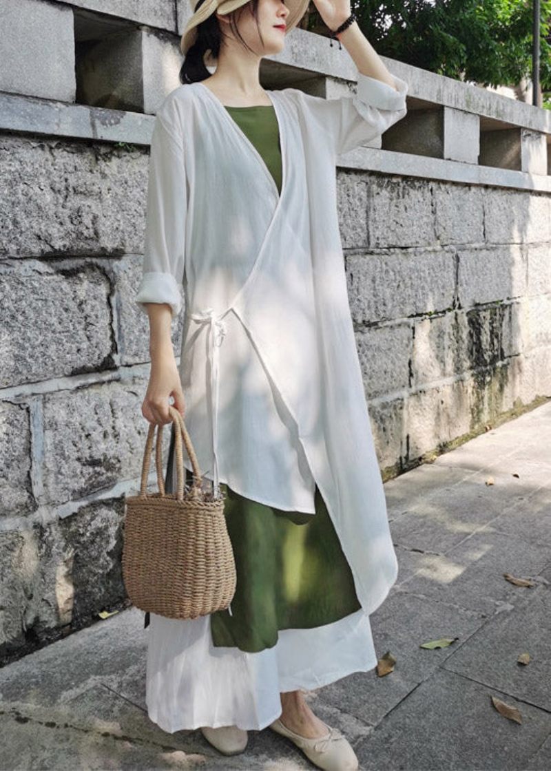 Håndlavet Hvid Asymmetrisk Design Bomuld Lang Cardigan Sommer - Hvid