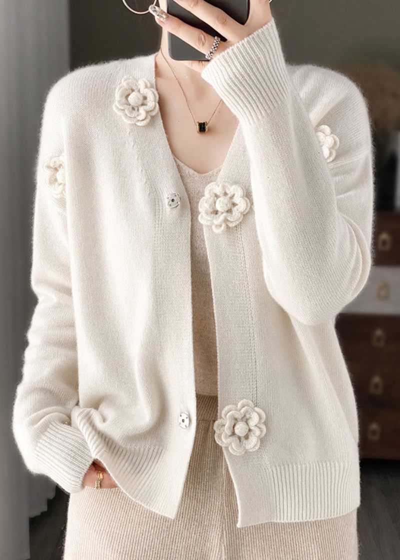 Hvid Blomsterbroderi Kort Cashmere Strik Cardigan V-hals Fjeder