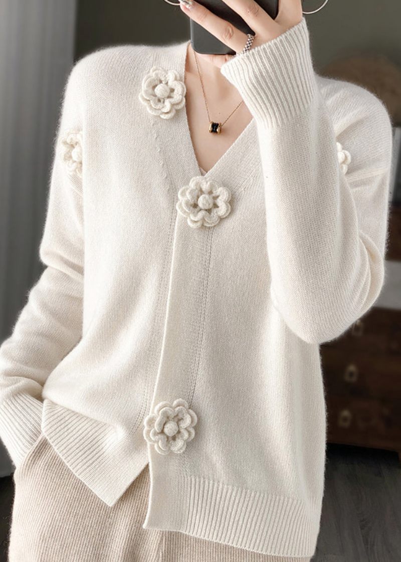 Hvid Blomsterbroderi Kort Cashmere Strik Cardigan V-hals Fjeder - Dame cardigans