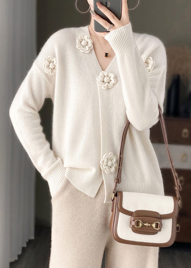 Hvid Blomsterbroderi Kort Cashmere Strik Cardigan V-hals Fjeder - Dame cardigans