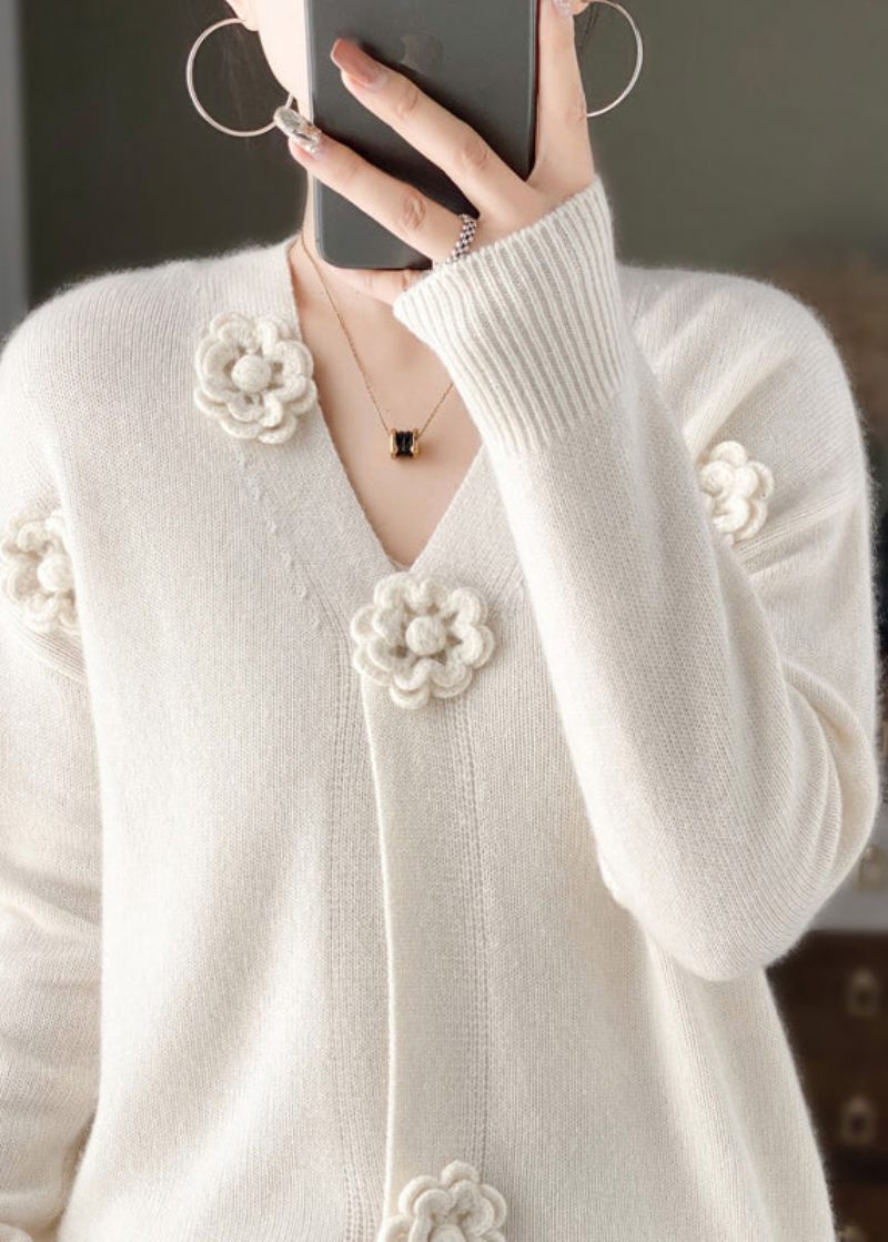 Hvid Blomsterbroderi Kort Cashmere Strik Cardigan V-hals Fjeder - Dame cardigans