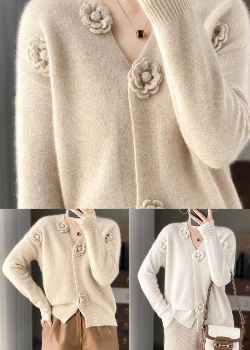 Hvid Blomsterbroderi Kort Cashmere Strik Cardigan V-hals Fjeder - Dame cardigans