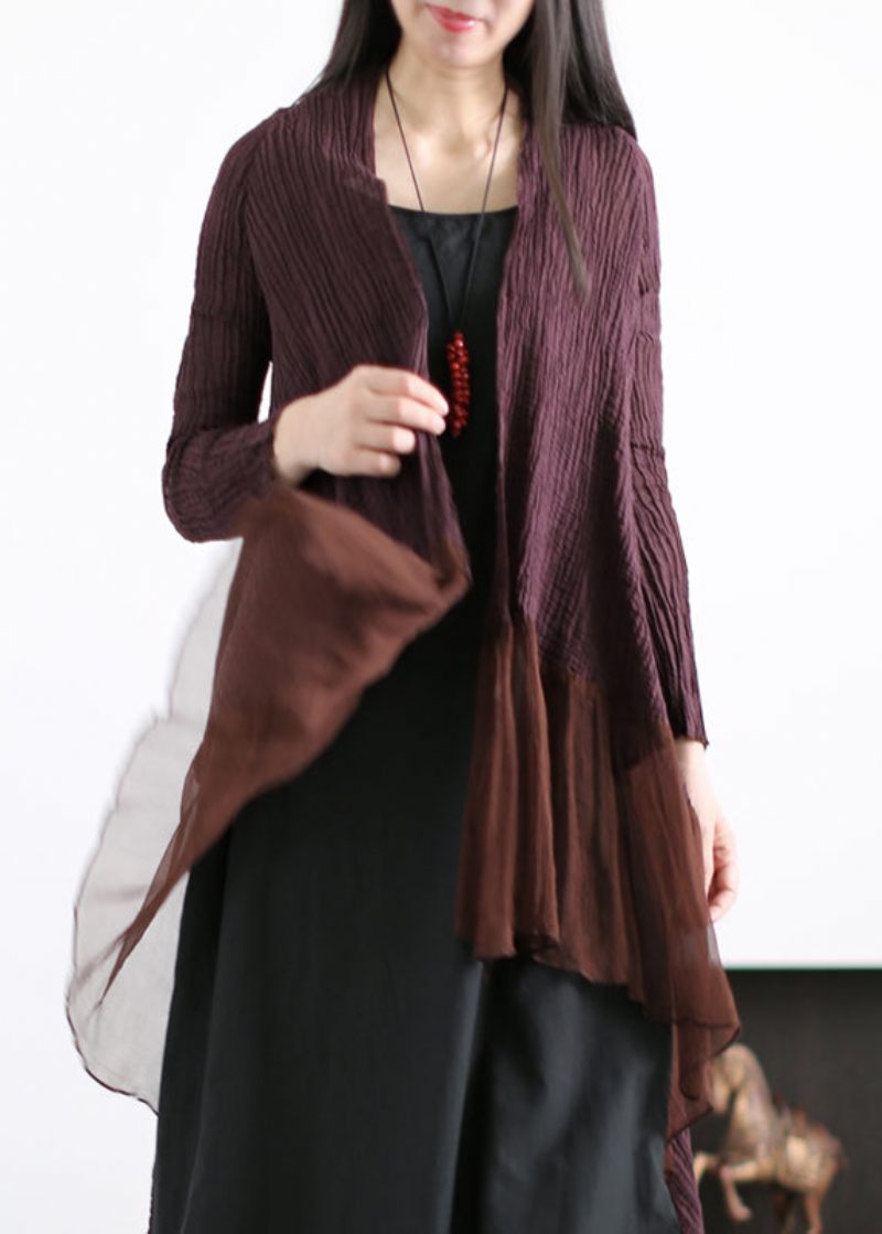 Italiensk Mulberry Rynket Tyl Patchwork Linned Løs Cardigan Sommer