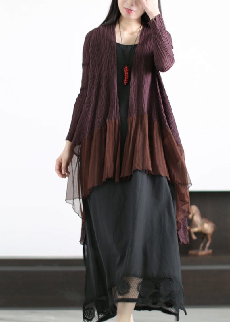 Italiensk Mulberry Rynket Tyl Patchwork Linned Løs Cardigan Sommer - Dame cardigans