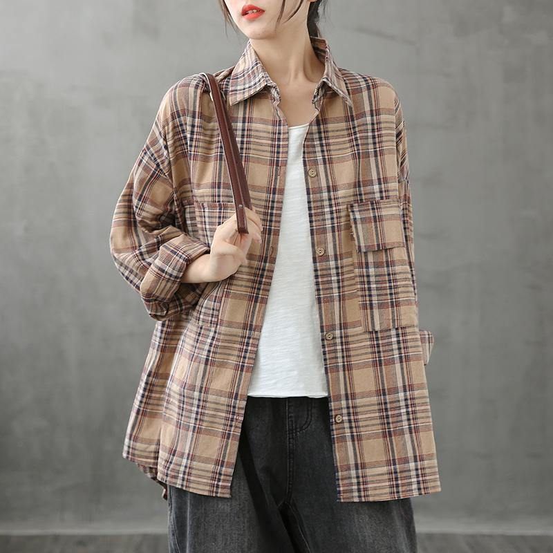 Italienske Reverslommer Kran Toppe Syning Af Kaki Plaid Bluser