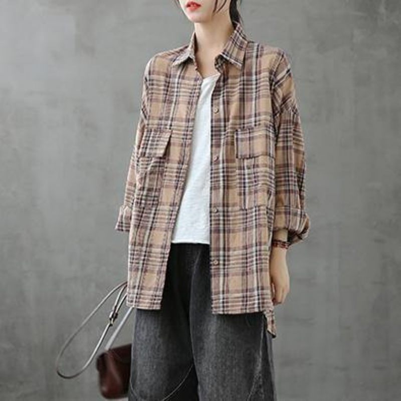 Italienske Reverslommer Kran Toppe Syning Af Kaki Plaid Bluser - Dame cardigans