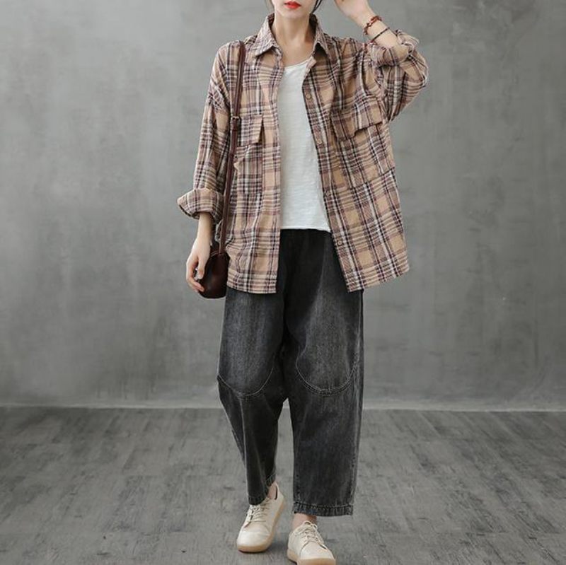 Italienske Reverslommer Kran Toppe Syning Af Kaki Plaid Bluser - Dame cardigans