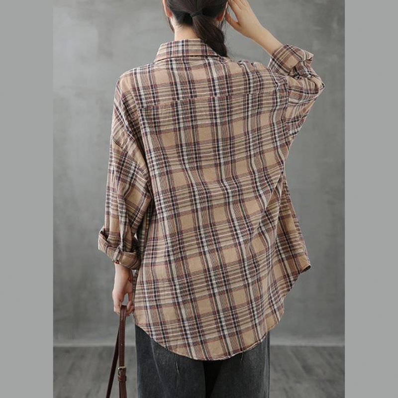 Italienske Reverslommer Kran Toppe Syning Af Kaki Plaid Bluser - Dame cardigans