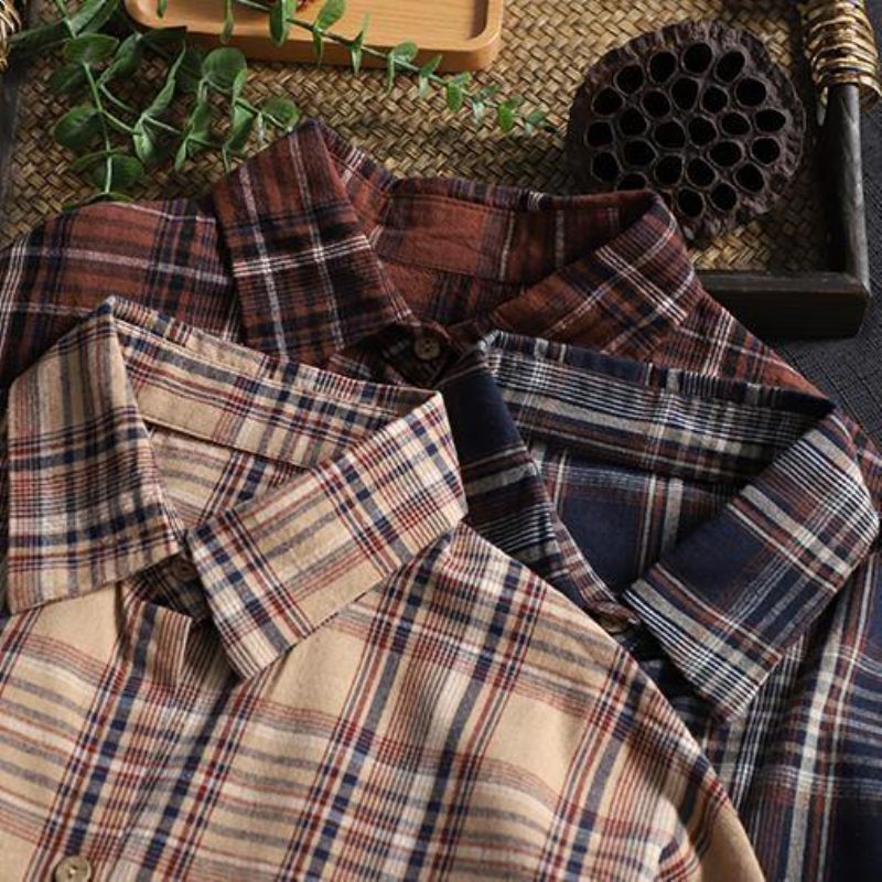 Italienske Reverslommer Kran Toppe Syning Af Kaki Plaid Bluser - Dame cardigans