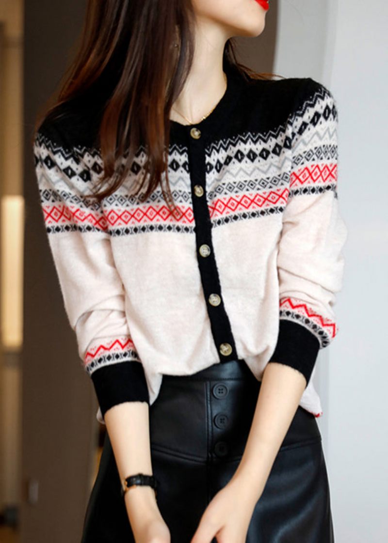 Klassisk Blå O-hals Print Knap Ulden Strikket Cardigan Efterår - Dame cardigans