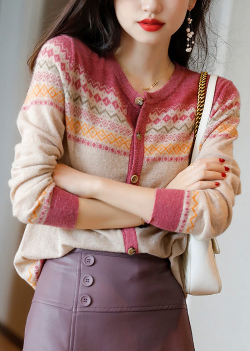 Klassisk Blå O-hals Print Knap Ulden Strikket Cardigan Efterår - Dame cardigans