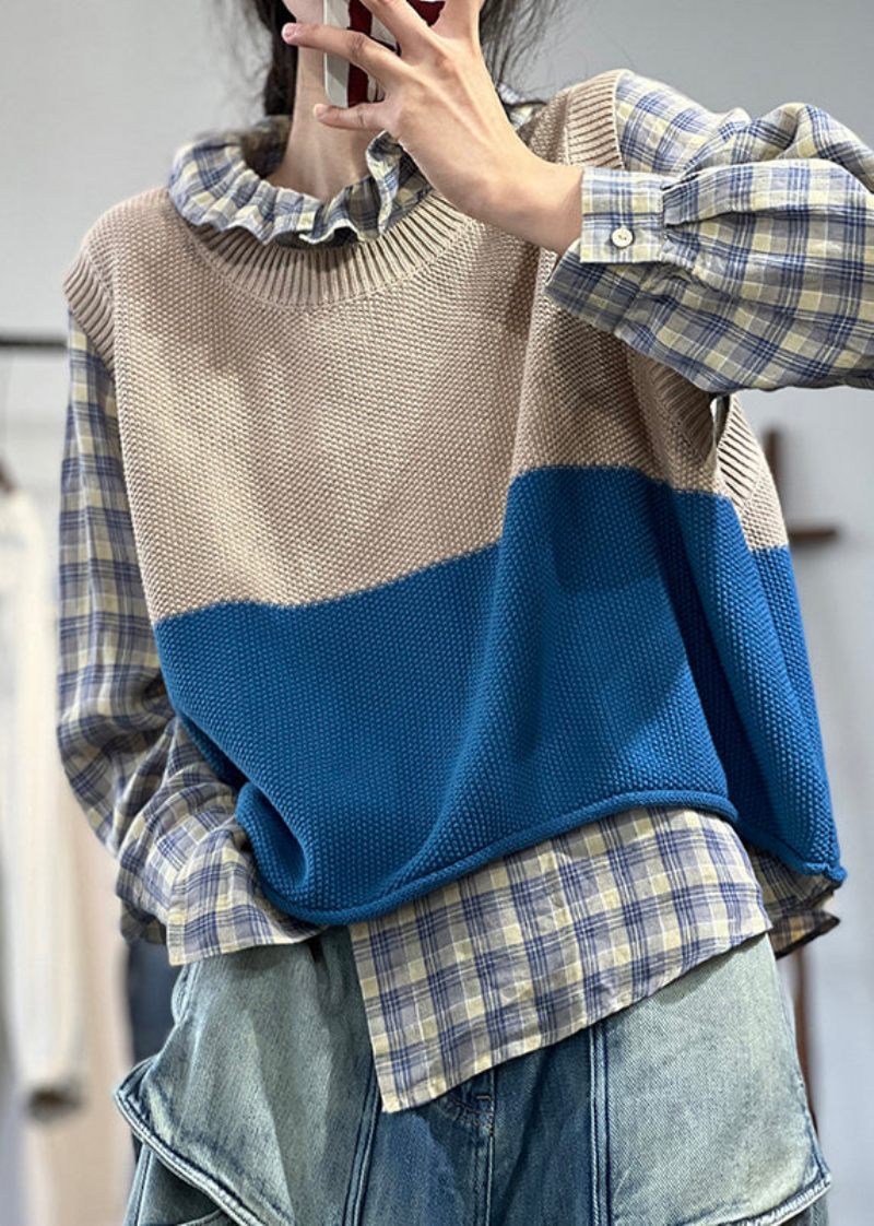 Kvinder Blå O-hals Patchwork Hyggelig Strik Vest Ærmeløs - Dame cardigans