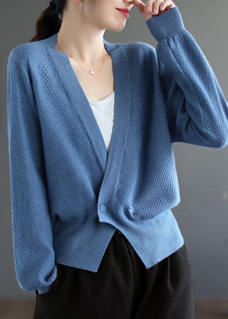 Kvinder Blå V-hals Solid Button Strik Cardigan Fall - Blå
