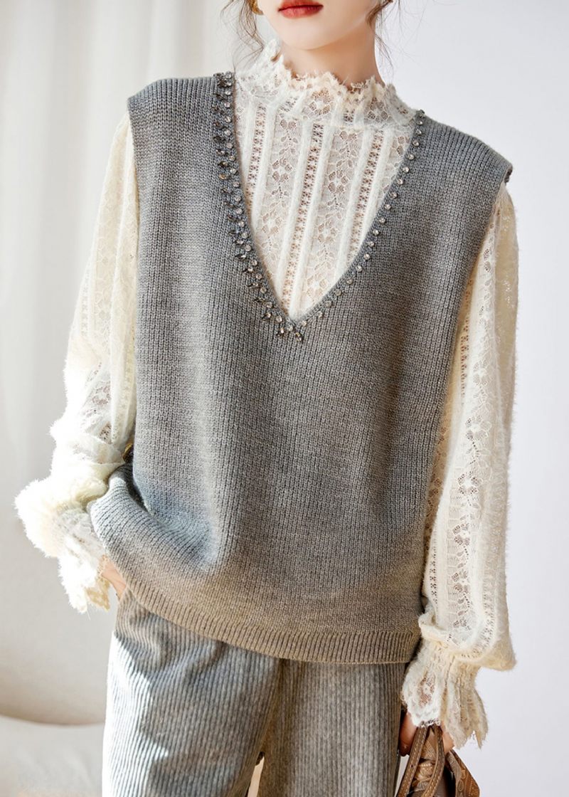 Kvinder Grå V-hals Zirkon Patchwork Strik Vest Ærmeløs