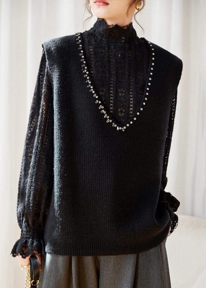 Kvinder Grå V-hals Zirkon Patchwork Strik Vest Ærmeløs - Dame cardigans
