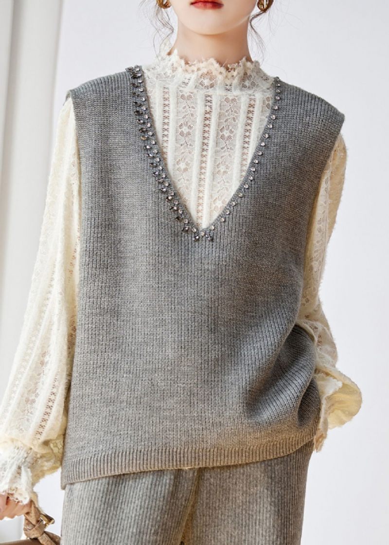 Kvinder Grå V-hals Zirkon Patchwork Strik Vest Ærmeløs - Dame cardigans
