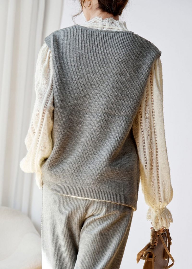 Kvinder Grå V-hals Zirkon Patchwork Strik Vest Ærmeløs - Dame cardigans