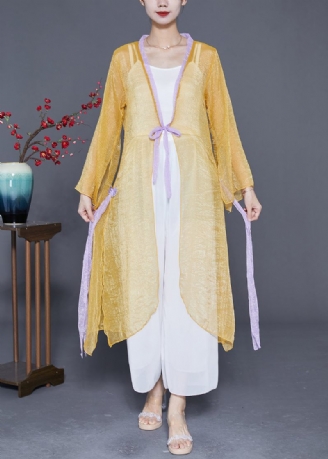 Kvinder Gul Lace Up Patchwork Chiffon Upf 50+ Cardigan Summer