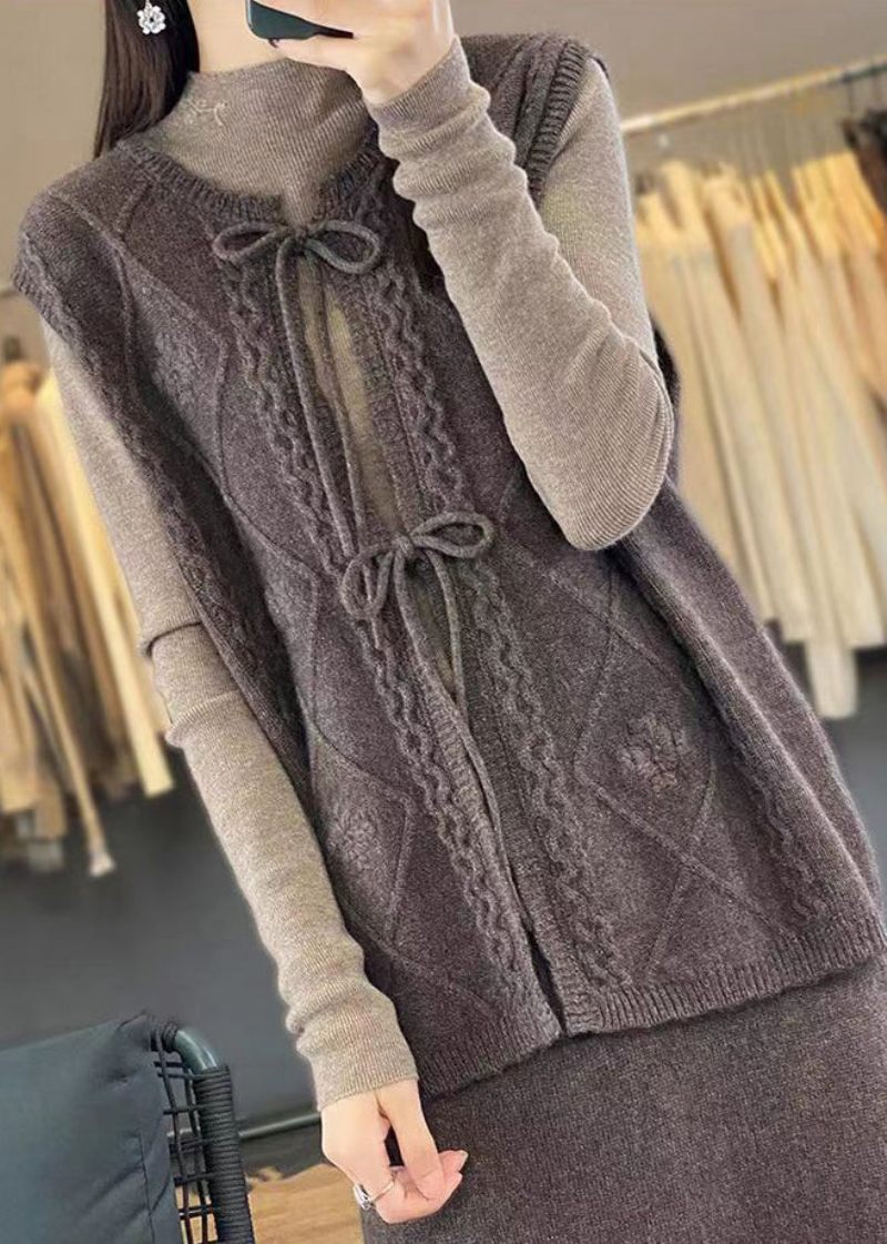 Kvinder Kaffe O-hals Snørebånd I Ulden Strik Vest Ærmeløs - Dame cardigans