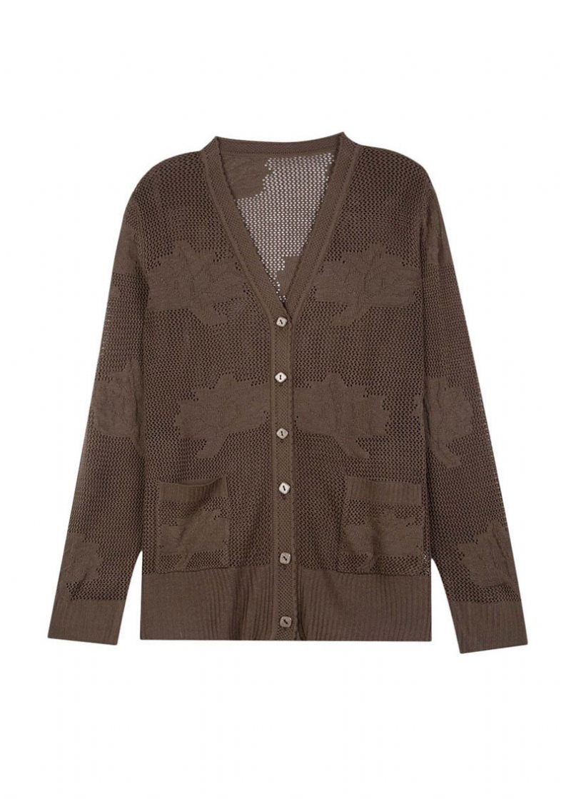 Kvinder Khaki Hollow Out Broderet Patchwork Tynd Strik Cardigan Fall - Dame cardigans