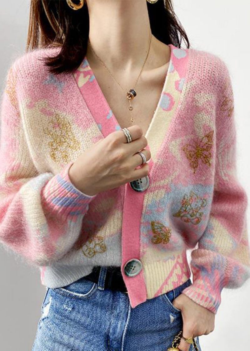 Kvinder Pink V-hals Knap Patchwork Bomuld Strik Frakker Lange Ærmer - Dame cardigans