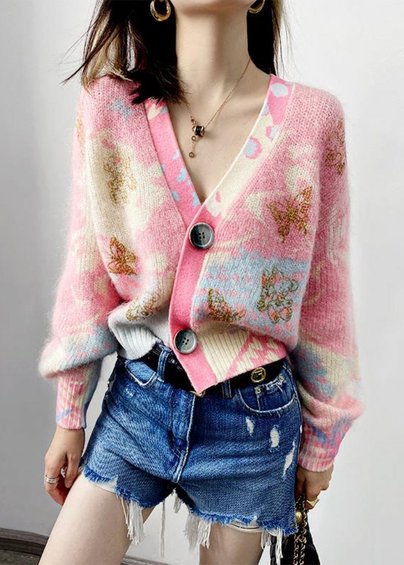 Kvinder Pink V-hals Knap Patchwork Bomuld Strik Frakker Lange Ærmer - Dame cardigans