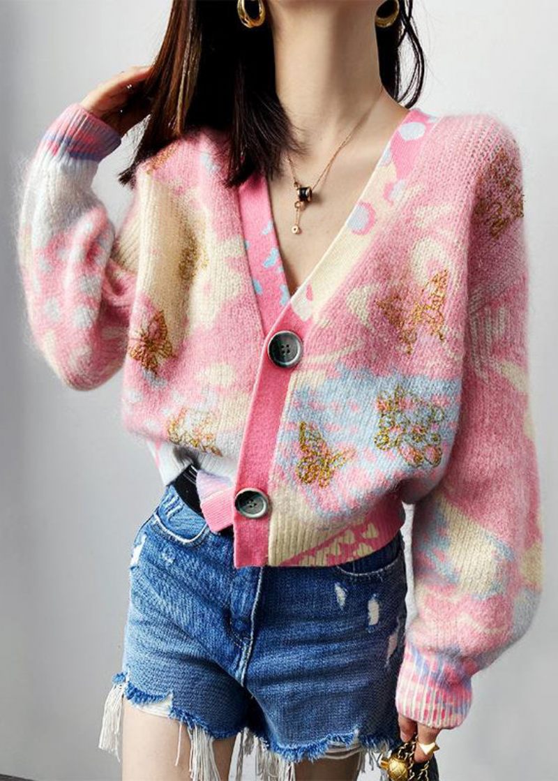 Kvinder Pink V-hals Knap Patchwork Bomuld Strik Frakker Lange Ærmer - Dame cardigans