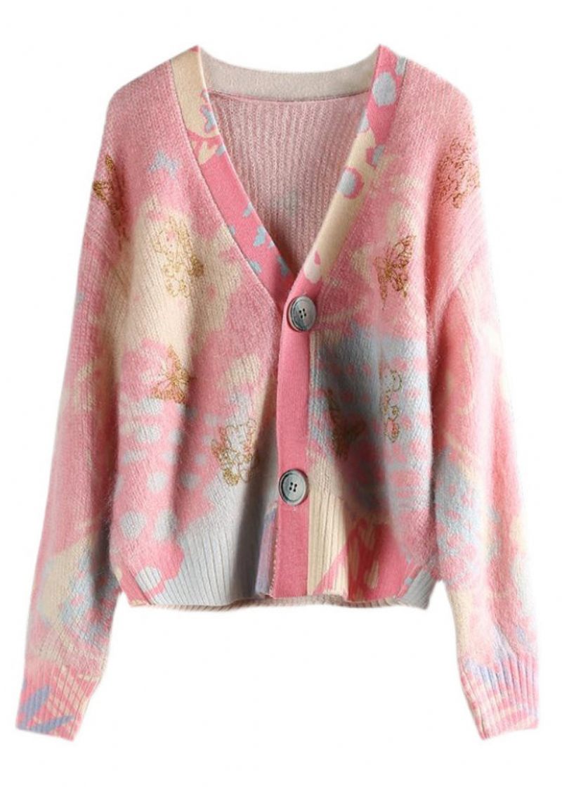 Kvinder Pink V-hals Knap Patchwork Bomuld Strik Frakker Lange Ærmer - Dame cardigans