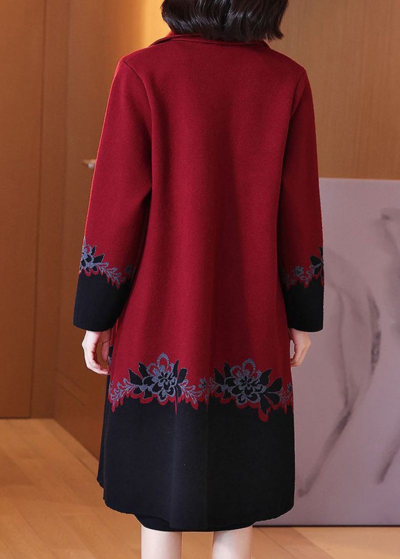 Kvinder Rød Knap Print Patchwork Bomuld Strik Frakker Lange Ærmer - Dame cardigans