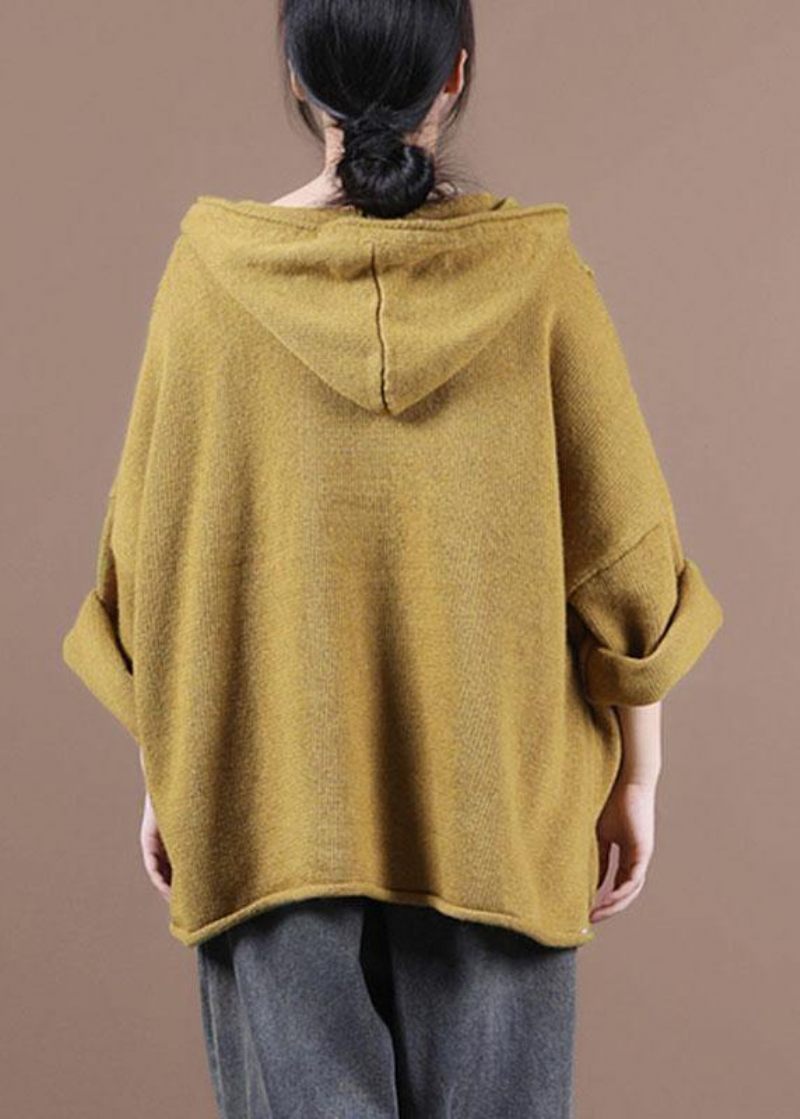 Løs Gul Knap Sweater Frakke - Mørkegrå