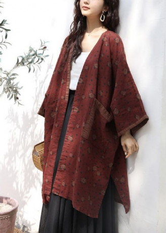 Løse Røde Printlommer Side Åben Linned Cardigan Lange Ærmer