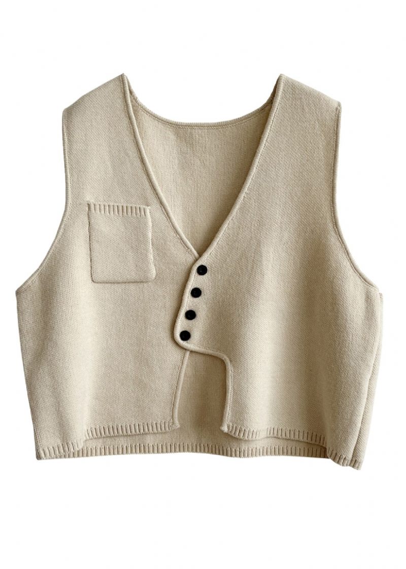 Ny Abrikos Asymmetrisk Knap Patchwork Bomuld Strik Vest Ærmeløs - Dame cardigans