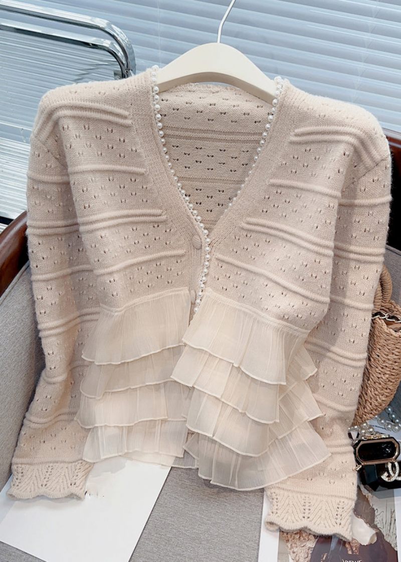 Ny Let Khaki Flæsede Perle Patchwork Strik Cardigan Fjeder