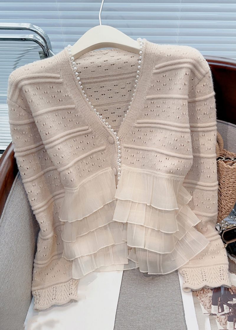Ny Let Khaki Flæsede Perle Patchwork Strik Cardigan Fjeder - Dame cardigans