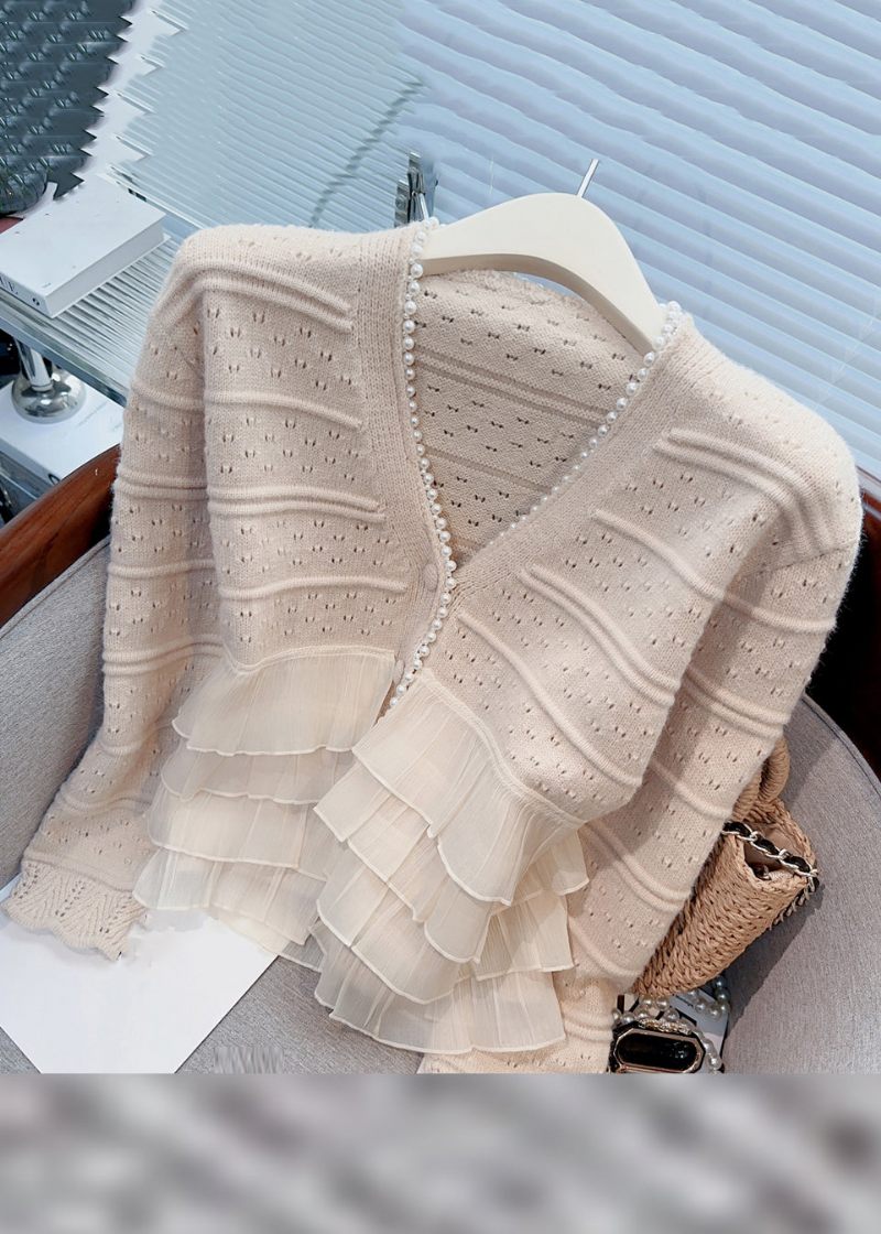 Ny Let Khaki Flæsede Perle Patchwork Strik Cardigan Fjeder - Dame cardigans