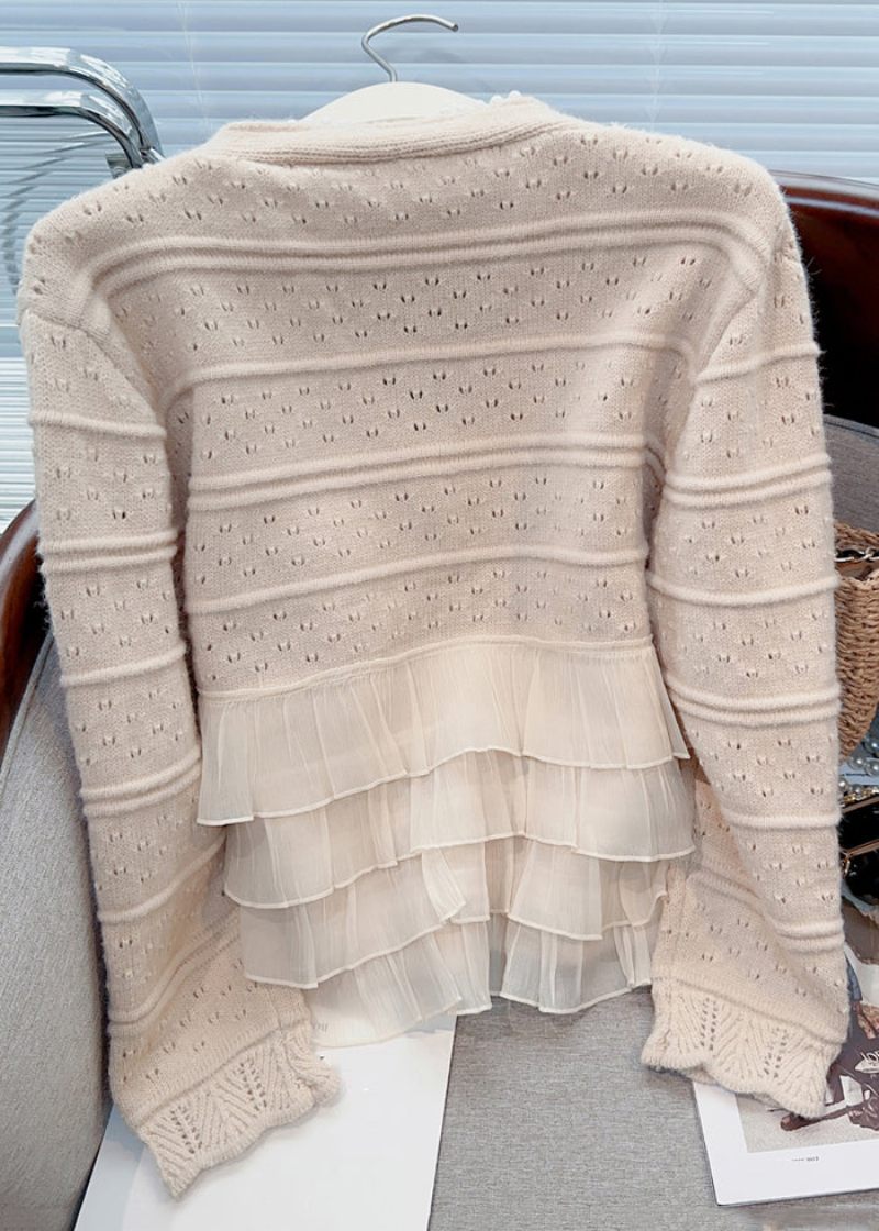 Ny Let Khaki Flæsede Perle Patchwork Strik Cardigan Fjeder - Dame cardigans