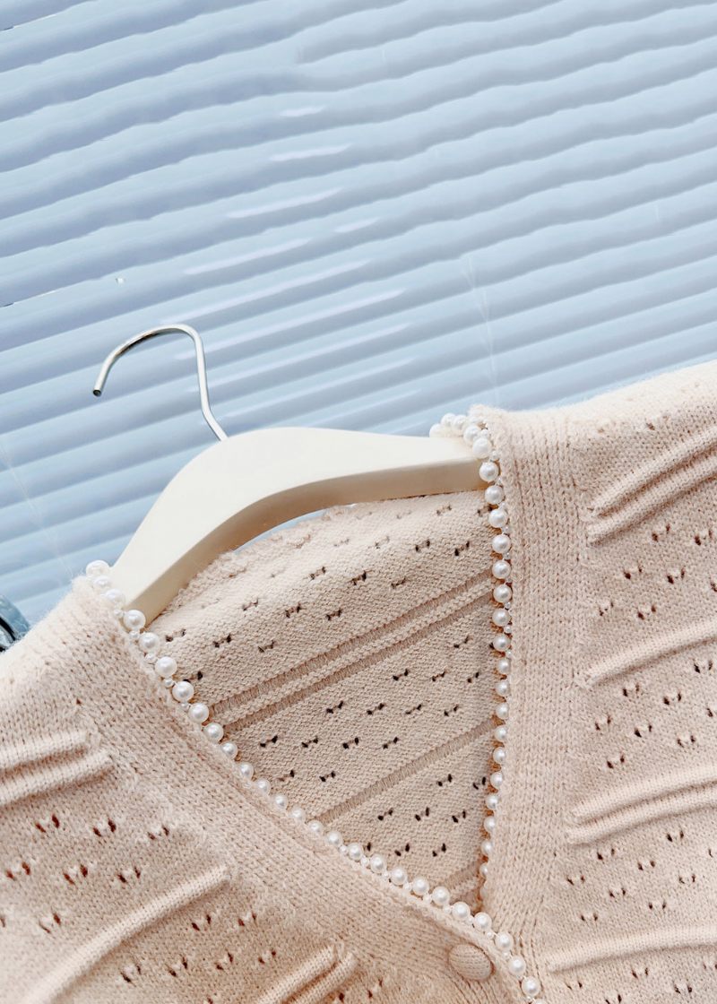 Ny Let Khaki Flæsede Perle Patchwork Strik Cardigan Fjeder - Dame cardigans
