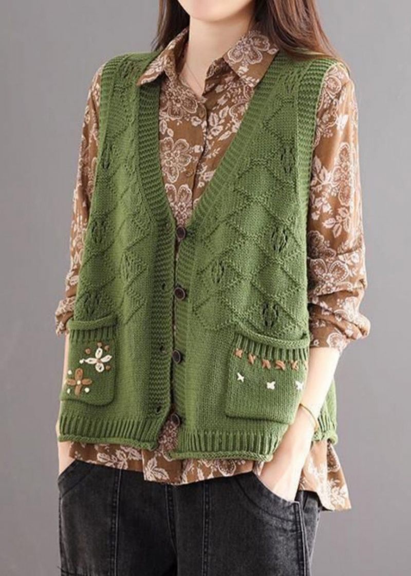 Nye Grønne Broderede Lommer Patchwork Bomuldsstrikket Vest Ærmeløs - Dame cardigans