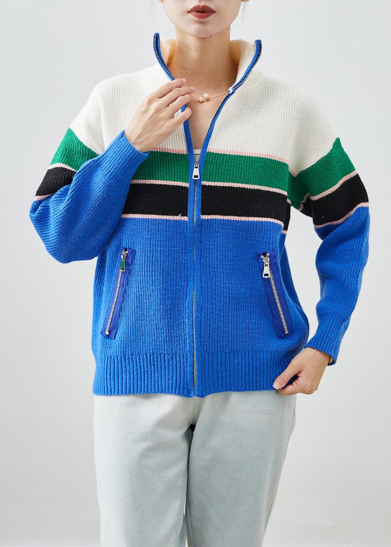 Originalt Design Blå Lynlås Patchwork Strik Frakker Efterår - Dame cardigans