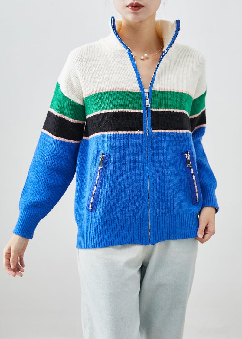 Originalt Design Blå Lynlås Patchwork Strik Frakker Efterår - Dame cardigans