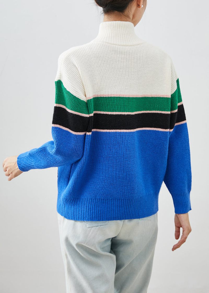 Originalt Design Blå Lynlås Patchwork Strik Frakker Efterår - Dame cardigans