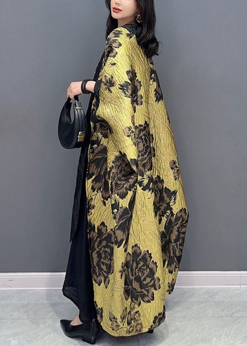 Oversized Gul Blomsterprint Patchwork Bomuld Cardigan Flagermus Ærme - Dame cardigans