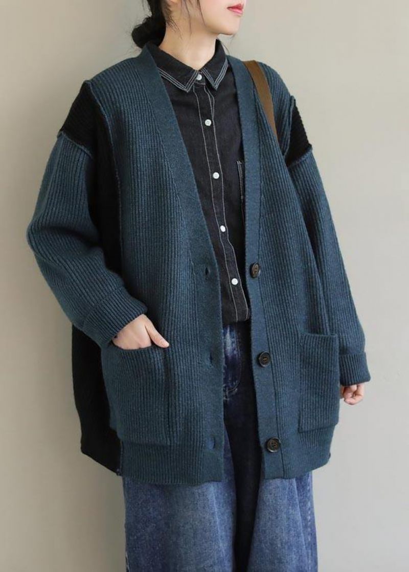 Oversized Spring Green Knit Sweat Toppe Oversize V-hals Button Down Sweater - Grå