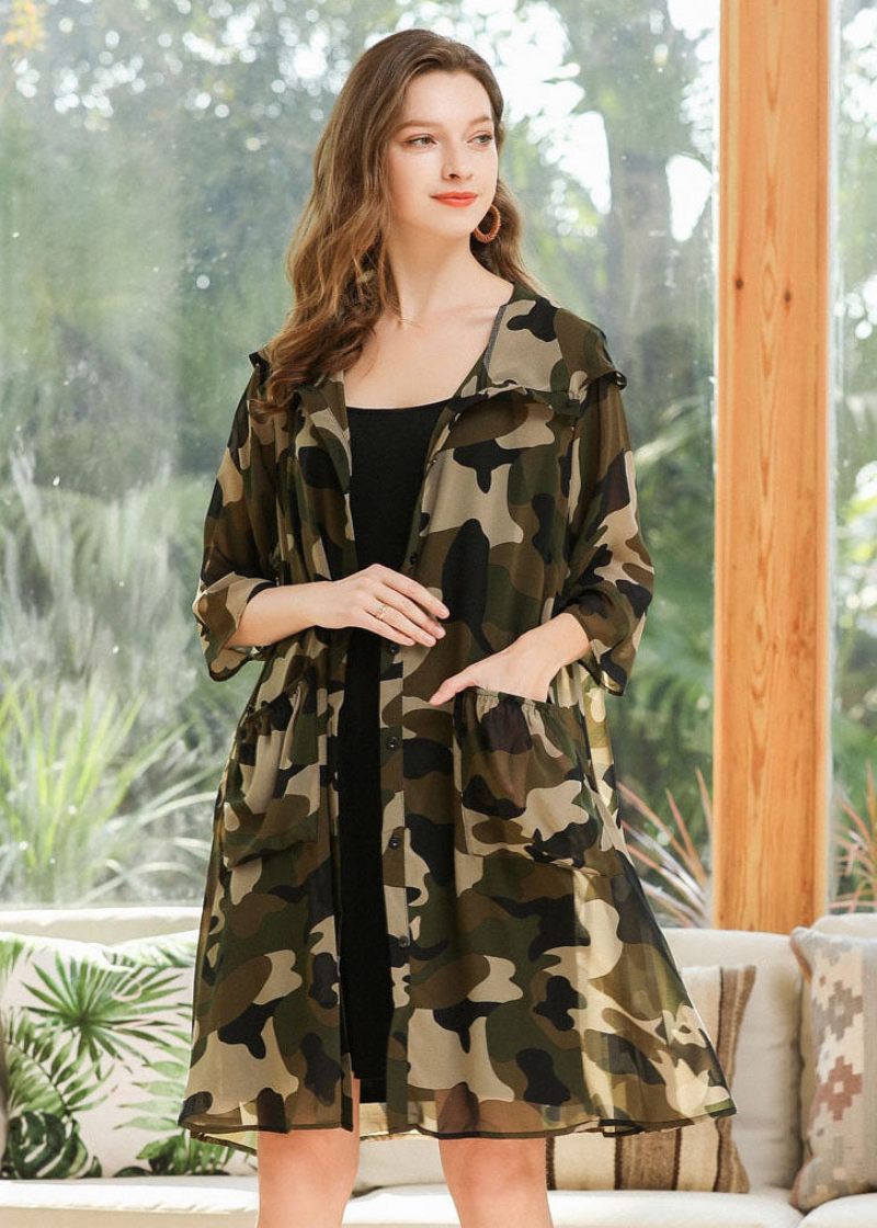 Plus Size Camouflage Hætteprint Chiffon Cardigan Sommer - Dame cardigans
