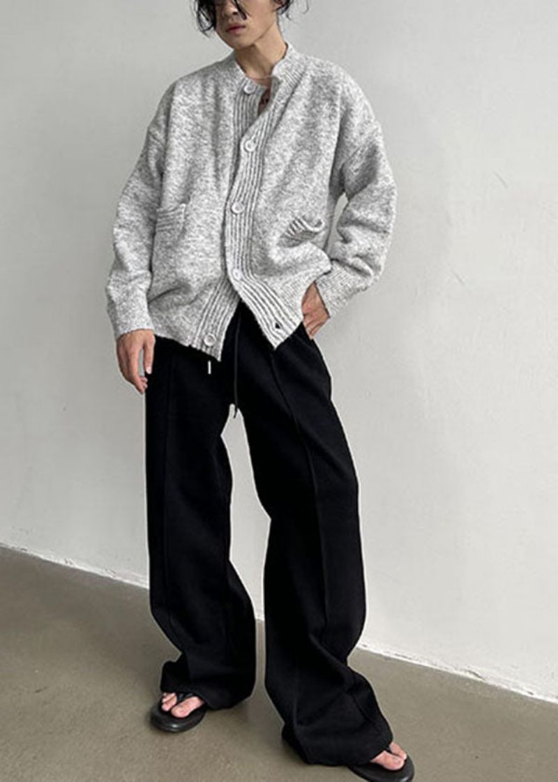 Plus Size Grå Standkrave Oversized Hyggelige Uldmande Cardigans Vinter - Dame cardigans
